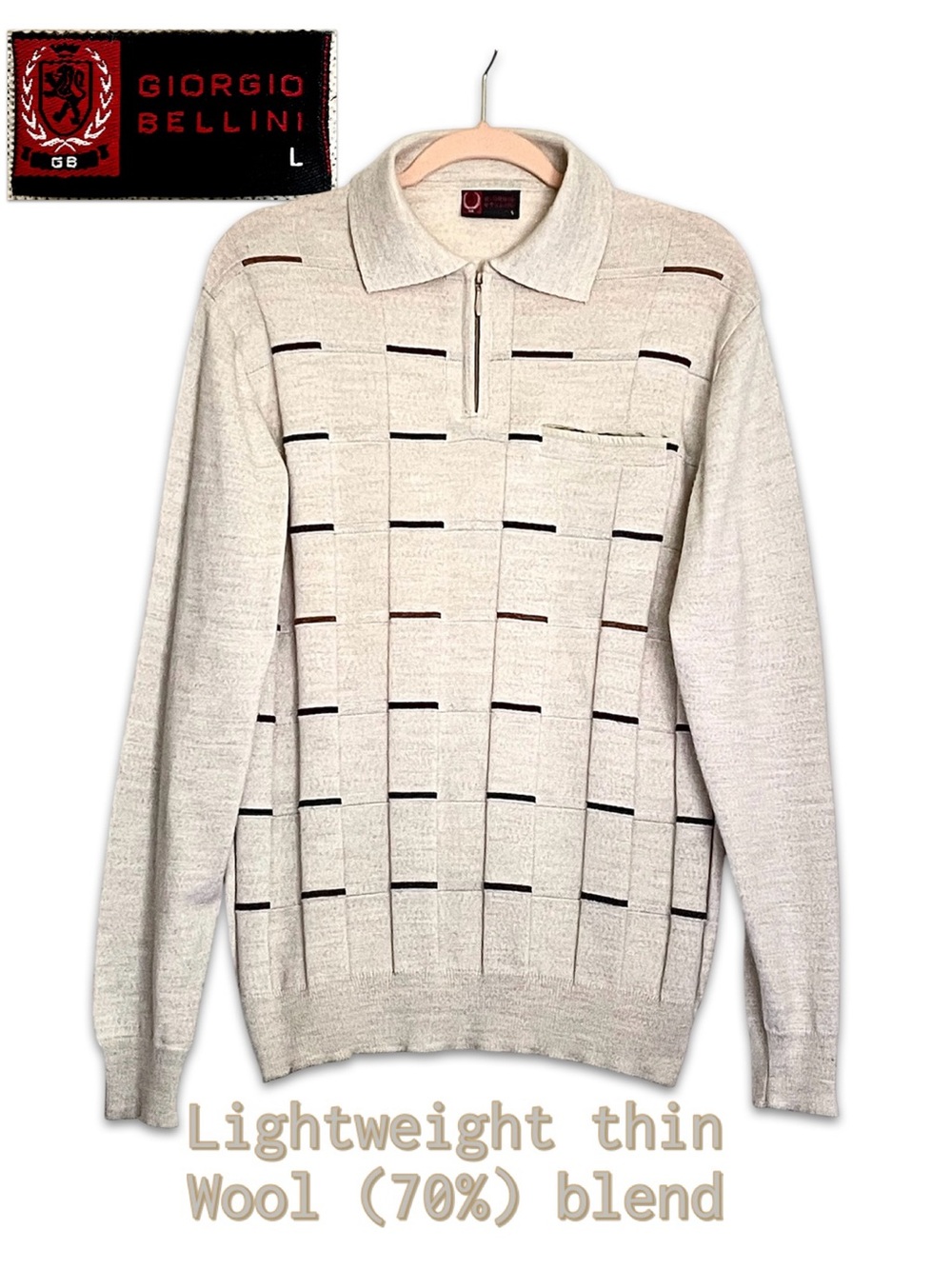 Giorgio Bellini Cream Wool (70%) Blend Men's Zip Polo Sweater size large